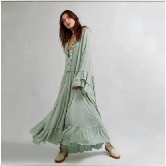 Free People Sweet Darlin Maxi, Minted Jade, Very Oversized, Distressed / Fringed - Picture 4 of 8